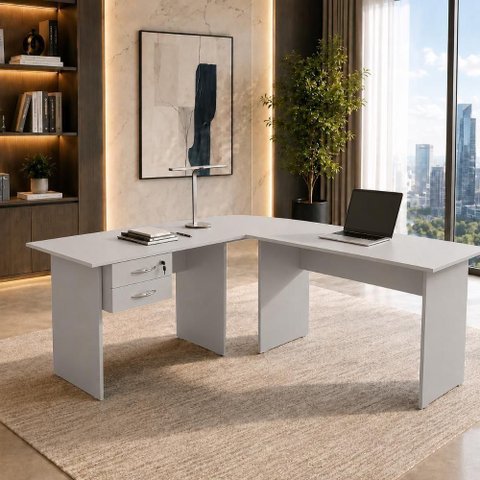 Escrivaninha em L Gaveteiro Suspenso Moderno 2 Gavetas MDF-MDP 120cm Cinza F5 Office