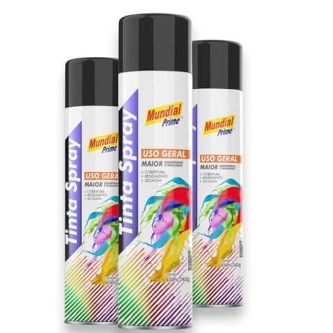 Kit 3 Tinta Spray Uso Geral Preto Semi Brilho Mundial Prime 400ml
