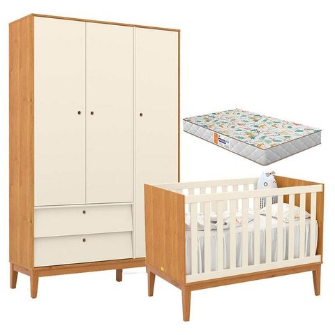 Berço Americano e Guarda Roupa Unique 3 Portas Freijó Off White Eco Wood com Colchão Gazin - Matic
