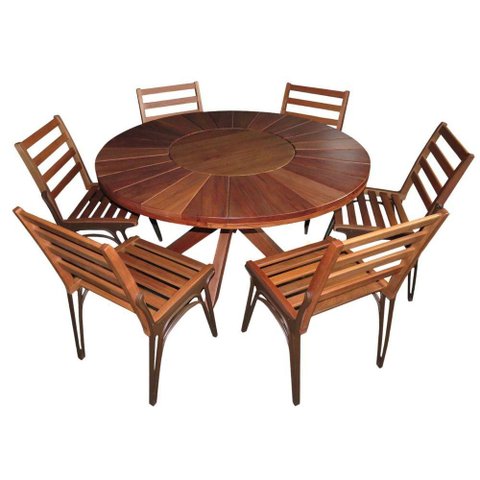 Conjunto com Mesa de Madeira Giratória e 6 Cadeiras Modelo Sol Marrom