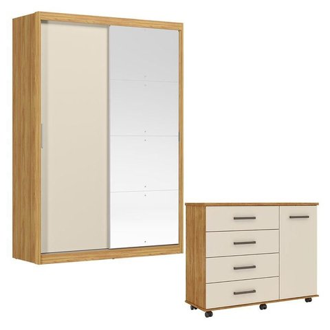 Cômoda Flora e Guarda Roupa Casal Riva 22515k com Espelho Cinamon Touch Off White Flex - Demóbile