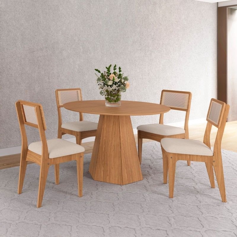 Conjunto Sala de Jantar Mesa Lisboa Hexagonal Freijó com 4 Cadeiras Palha Sintética 100% Mdf Freijó/ | MadeiraMadeira