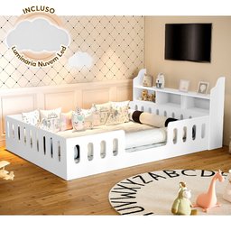 Cama Infantil Montessoriana Helo Solteiro com Nicho e Led - Branca + Acompanha Luminária Nuvem - 1