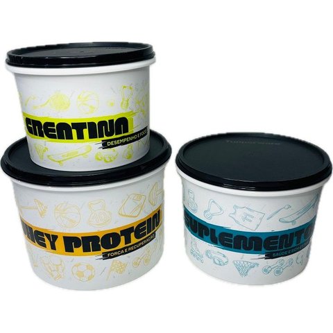 Tupperware Kit 3 Potes Porta Whey Creatina e Suplementos Academia