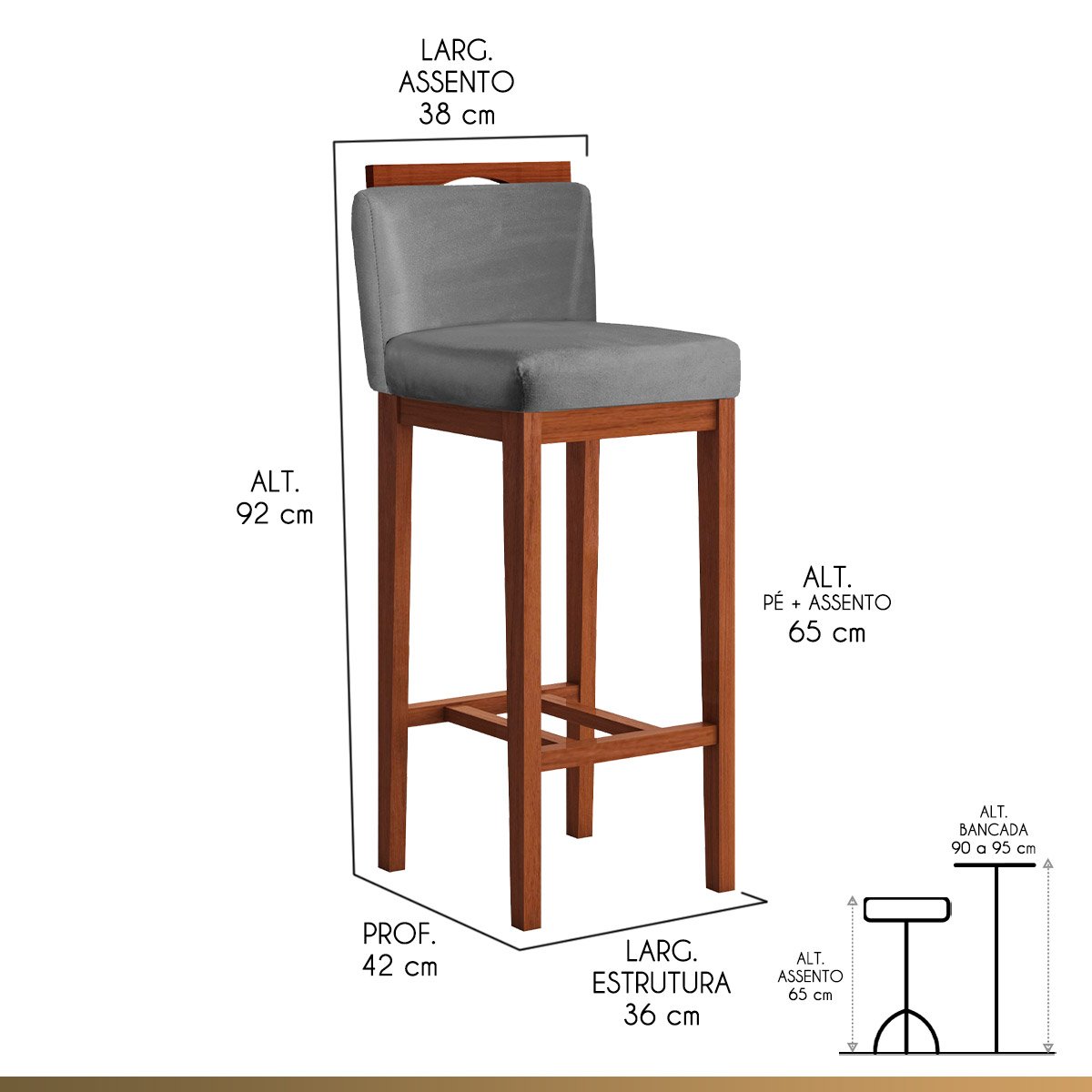 Kit 3 Banquetas Média para Cozinha 38x92 Cm Líbia Madeira Maciça Suede Cinza CCS - 2