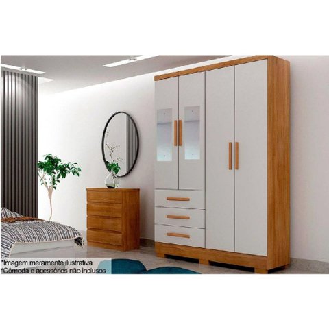 Guarda Roupa Solteiro 4 Portas (2 C/ Espelho) e 3 Gavetas C/ Pés Encanto/berlim Cumaru/fendi - Novo