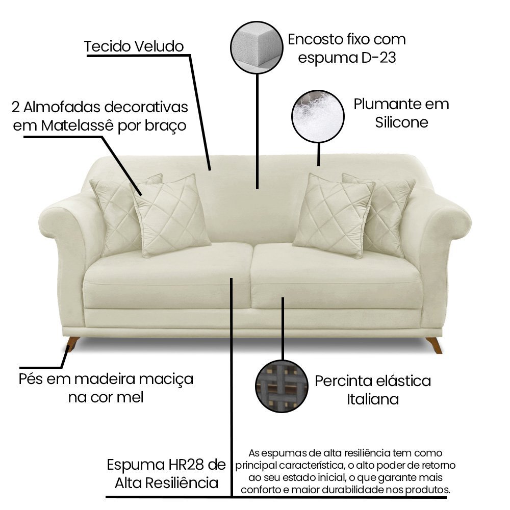 Sofá 2 Lugares 1,60 m Veludo Bege com pés de Madeira e 2 almofadas Apollo Zahav Estofados - 7