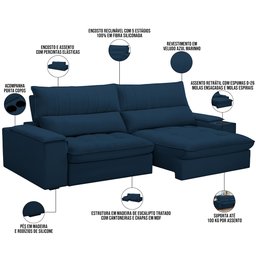 Sofá Retrátil Reclinável para Sala de Estar Living 280cm Nápoles F04 Veludo Azul - Lyam Decor - 3