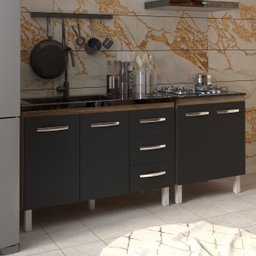 Armário Cozinha Gabinete Pia de 120 Cm Bruna e Balcão Fran para Cooktop 4 Bocas Savana Preto - 3