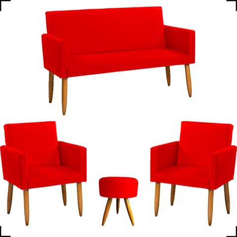 Kit Namoradeira Decorativa + 2 Poltronas Para Sala Reforçadas + Puff Redondo Suede