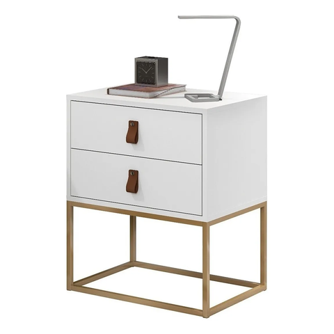 Kit 2 Mesas de Cabeceira Unic 45cm Puxador Couro com Base Metálica:branco/dourado