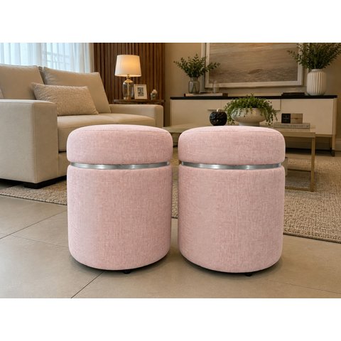 Kit Puff Superior com Cinta Prata Rosa Linho - Let Móveis