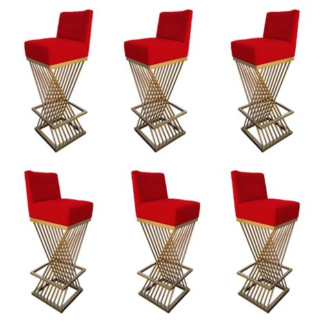 Kit 06 Banquetas Luma Base de Ferro Sued Vermelho - D'classe Decor