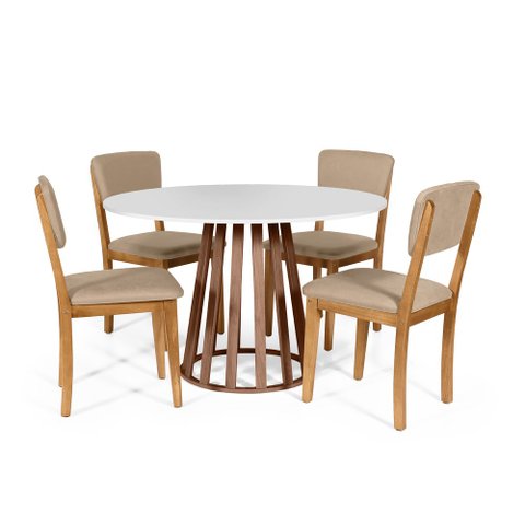 Mesa de Jantar Redonda Gabi Bran/nor com 4 Cadeiras Estofadas Ella Bege