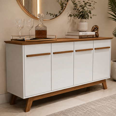 Aparador Buffet Bar Branco 160cm Madeira Sala Jantar 4 Portas Opala Hall Entrada