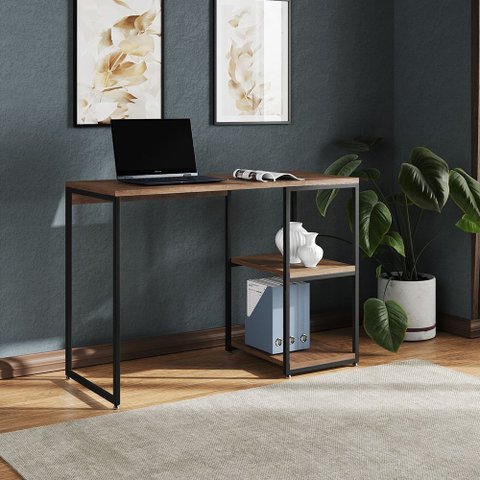 Mesa Escritório Berlim Industrial com Prateleira Ferro Preto Tampo 110x46 Amêndoa