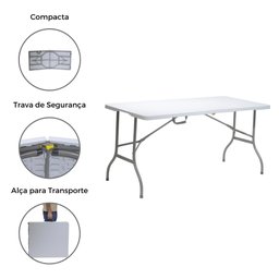 Mesa Dobrável Portátil De Plástico Que Vira Maleta Para Camping 152X60cm Branco - 1