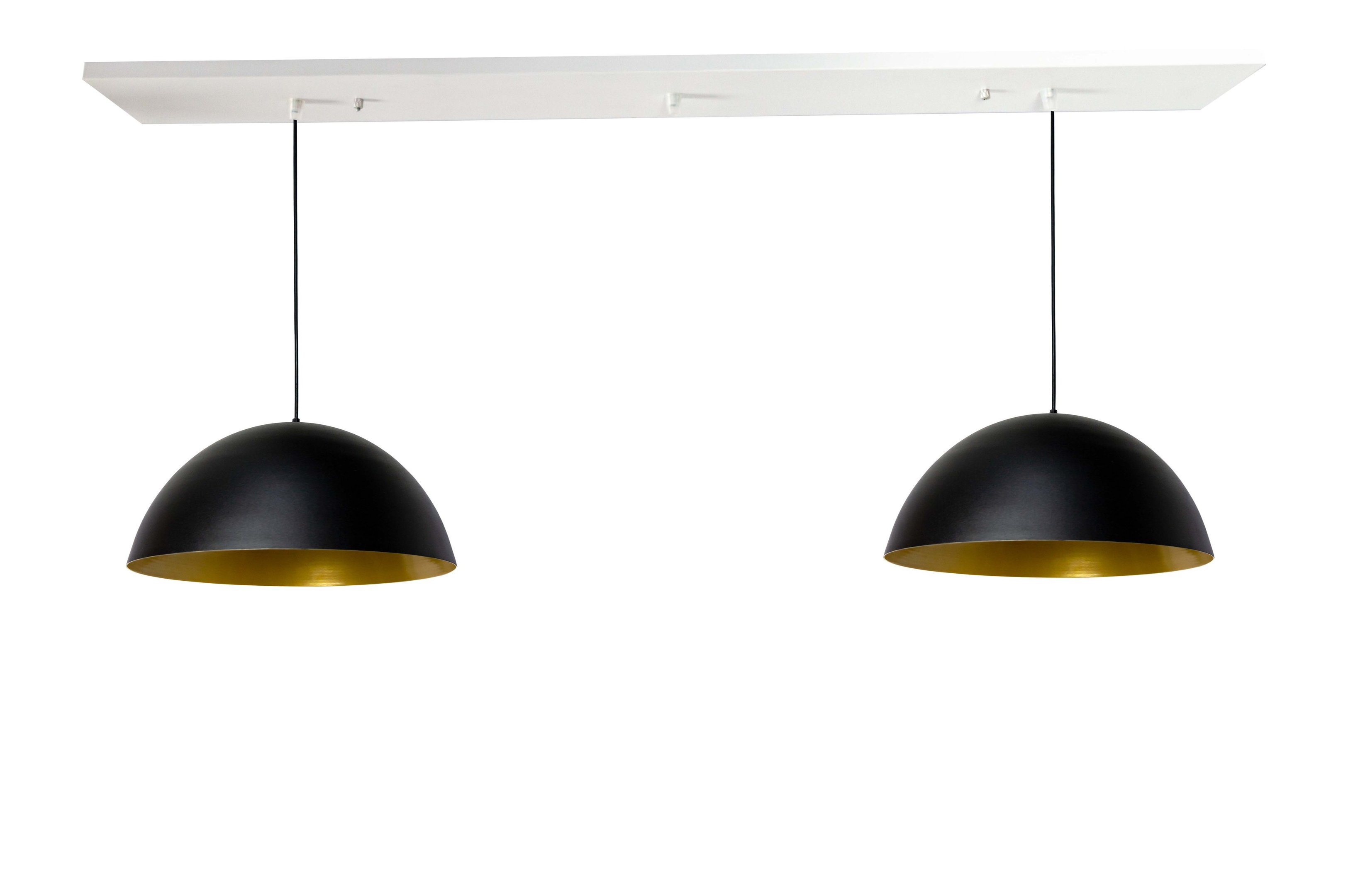 Pendente Alumínio Meia Esfera 60cm Preto c/ Dourado Duplo na Canopla Retangular de 97cm Branca - 1