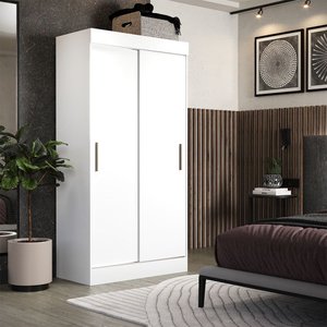 Guarda-roupa Solteiro Compacto 2 Portas de Correr Branco Brilho Ideal para Quarto Pequeno e Otimizar