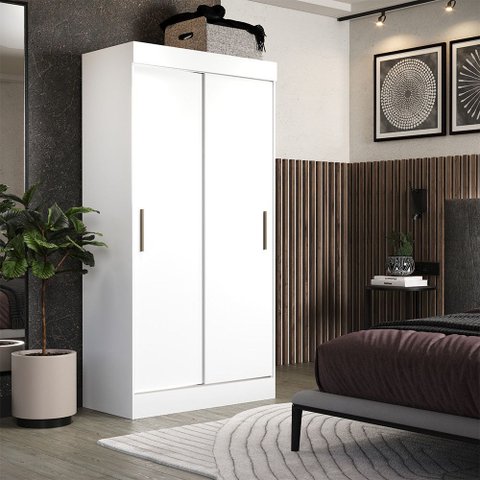 Guarda-roupa Solteiro Compacto 2 Portas de Correr Branco Brilho Ideal para Quarto Pequeno e Otimizar