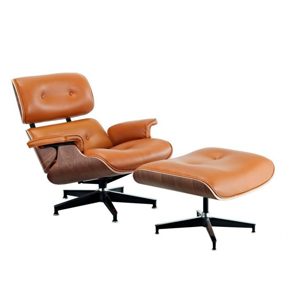 Poltrona Charles Eames com Puff Couro Sintético Caramelo