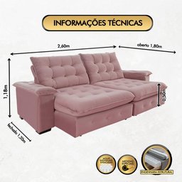 Sofá Coliseu 2.60m Retrátil e Reclinável Super Pillow - Rosê - 2