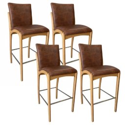 Kit 4 Banqueta Aura Alta Madeira Maciça E Courino Marrom Design Moderno Conforto Com Apoio Para Pés  - 2