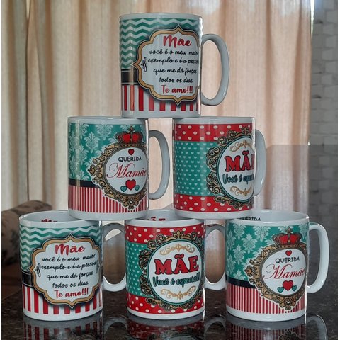 Jogo 6 Canecas 300ml Frases Mãe - Kit Porcelana - Decoração Caneca Completa Verde e Vermelho
