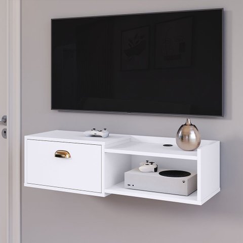 Rack Suspenso Home Tv 32" Bancada Flutuante Canadá 90cm Porta Nicho Eletrônico Sala Quarto Pequeno