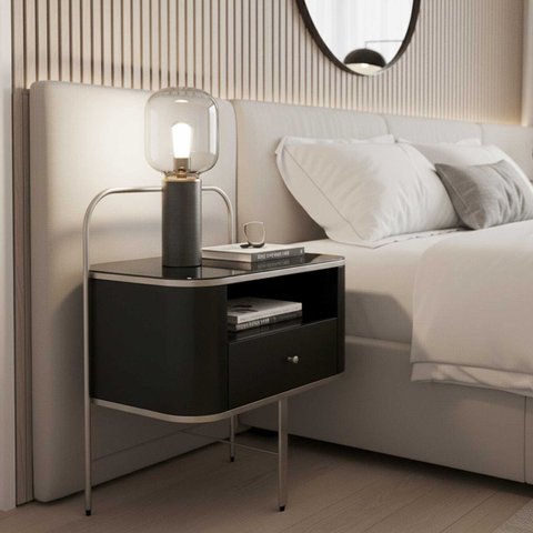 Mesa de Cabeceira 1 Gavera Base Aço Carbono Premium Modelo Madri Cor Champanhe e Preto Laca