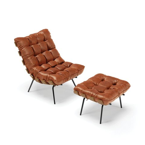 Poltrona Costela com Puff Corano Nozes Base Metal