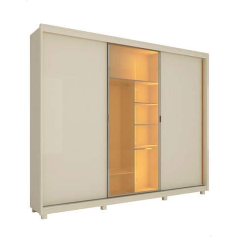 Guarda Roupa 3 Portas 1 Reflecta Correr com Pés e Led Matt Cor:off White