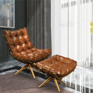 Poltrona com Puff Giratório Costela Corano Nozes Base Madeira Ma25