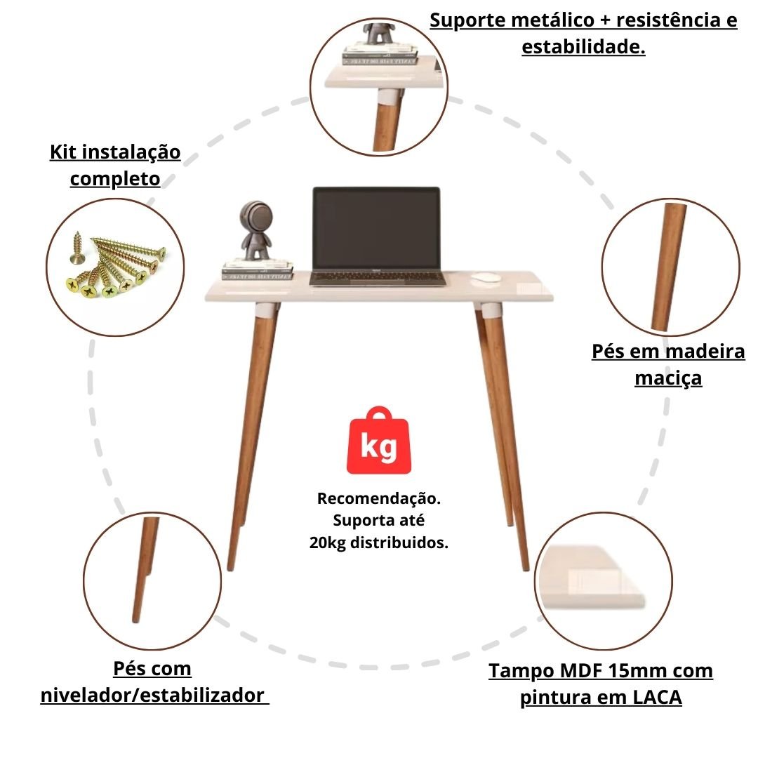 Mesa Escrivaninha Off White Retrô em Mdf e Pés Palito de Madeira - 4