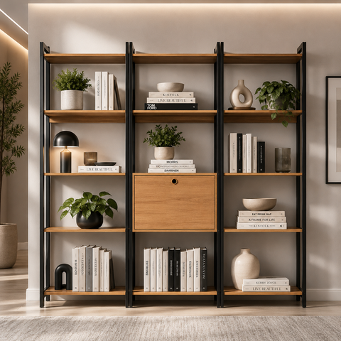 Kit 3 Estantes para Livros 1 Porta 15 Prateleiras Estilo Industrial Lâmina Mel/Preto - BRV Móveis