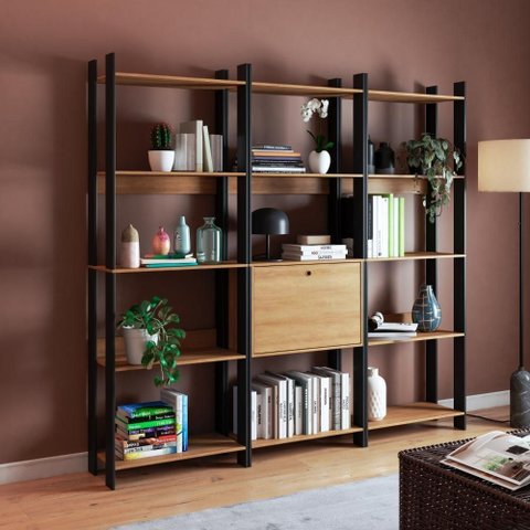 Kit 3 Estantes para Livros 1 Porta 15 Prateleiras Estilo Industrial Lâmina Mel/Preto - BRV Móveis