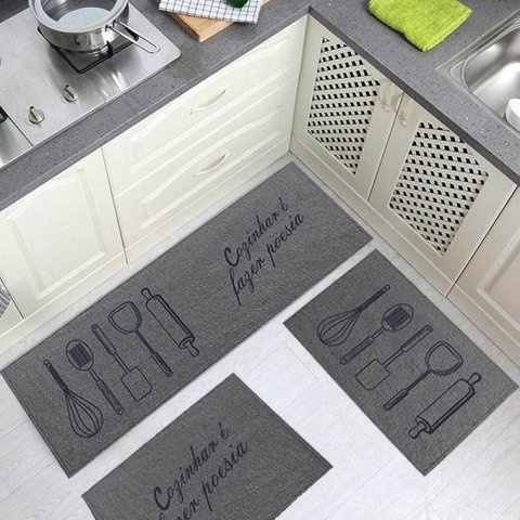 Jogo Tapete Cozinha Chumbo Algodão Antiderrapante 3 Peças Poesia