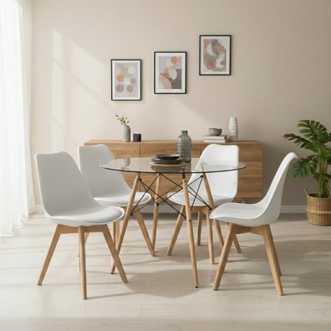 Mesa Eames Vidro 90cm + 4 Cadeiras Saarinen Wood Seat&Co