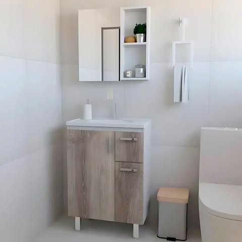 Conjunto Gabinete de Banheiro com Cuba e Espelheira Armário:branco/freijó