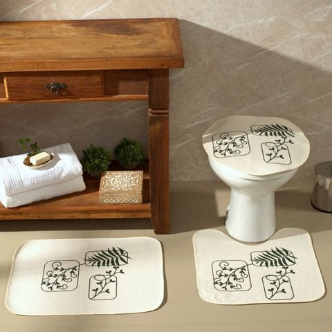 Jogo de Banheiro Natural Flores Verde 3 Peças - Antiderrapante