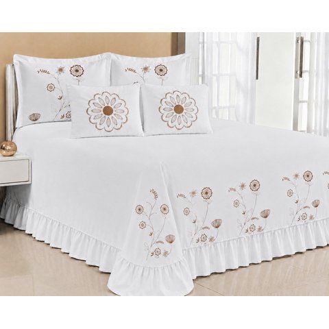 Kit Cobre Leito Casal Queen Encanto 07 Peças Bordado Colcha - Branco com Bege