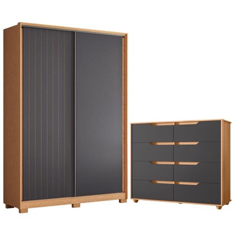 Guarda Roupa Solteiro Frizatto 02 Portas de Correr e Cômoda Doble Freijo Titanium Flex - Móveis Alba