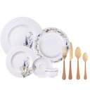 Ver imagem 1 de Aparelho de Jantar Porcelana e Faqueiro em Aço Inox Dourado Mesa Posta Luxo 6 Pessoas