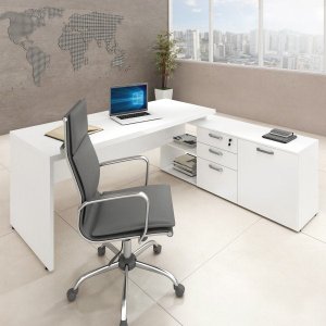 Mesa para Escritório em L 1,70M Web40 com Armário Branco/Branco