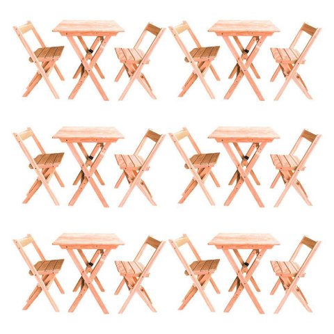 Kit 6 Conjuntos Mesa Dobrável para Bar e Restaurante 60x60cm com 2 Cadeiras em Madeira Maciça -