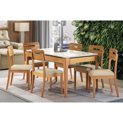 Conjunto Mesa Mira Premium Madeira Maciça C/ Tampo Madeirado C/ Vidro 160x90cm e 6 Cadeiras Lila