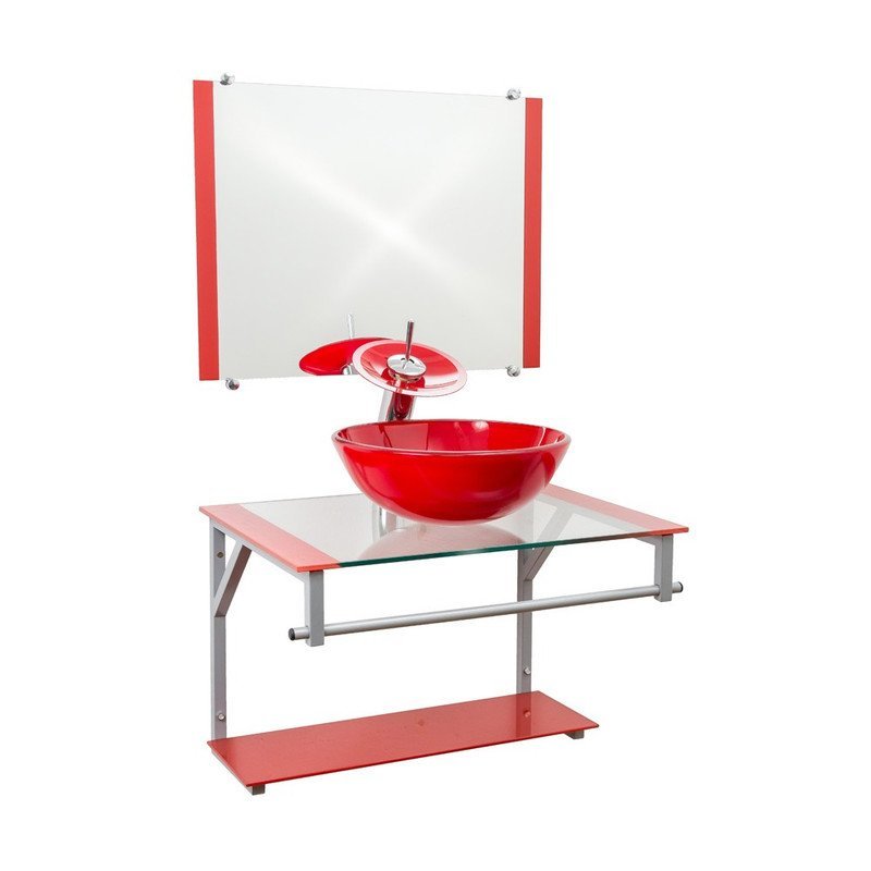 Gabinete de Vidro 60cm Cuba Redonda Vermelho + Torneira Cascata - DaHora