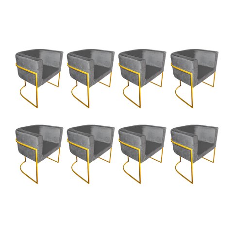 Kit 8 Poltronas Decorativa Sala de Estar Base de Ferro Dourada Veludo Cinza