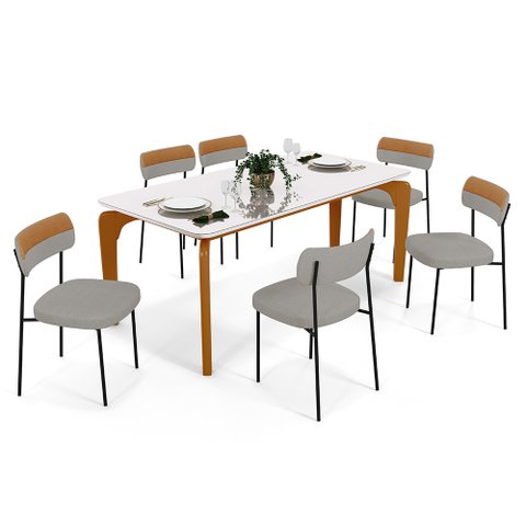 Mesa de Jantar Capri Off White e 6 Cadeiras Melina B05 Linho Cinza Couríssimo Caramelo - Lyam