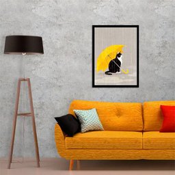 Quadro Decorativo Gato com Sombrinha Amarela 33x24cm - com vidro:Madeira preta - 2